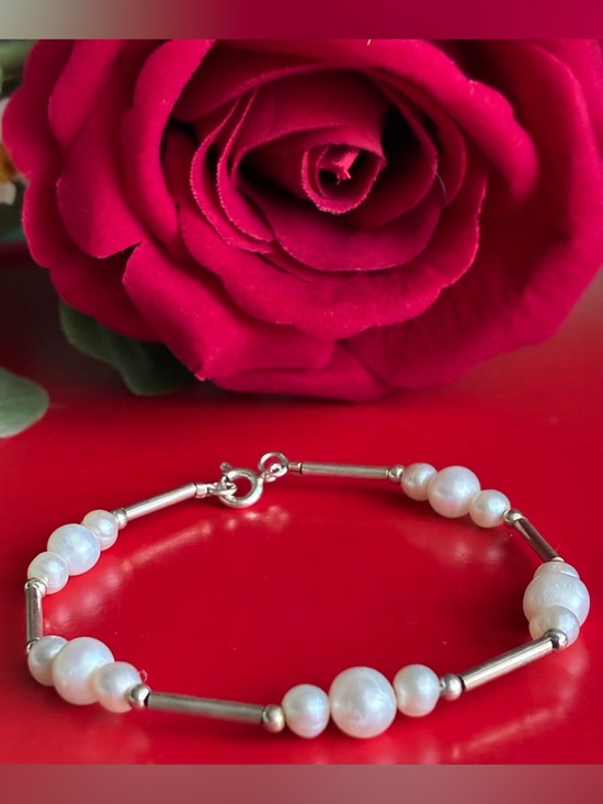 925 Sterling Silver Jewelry - 925 Silver Bracelet,Cultured White Pearl & Silver-Tone Tube Bracelet